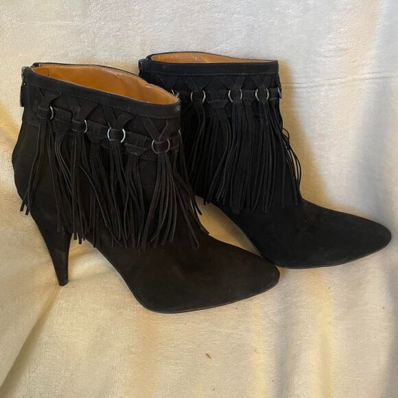 EUC Nine West Casandri Fringe Black Suede Leather Ankle Boot size 9 - Picture 1 of 8